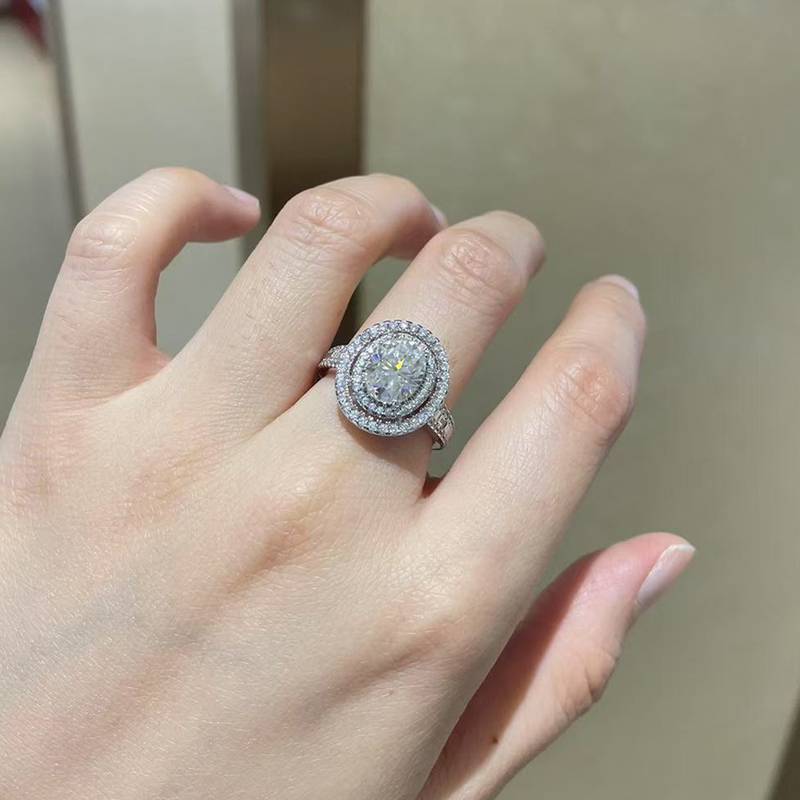 Luxury double-layer egg shaped round bag women's ring S925 silver plated platinum customized selection main stone moissanite diamond 2.0ct/secondary stone high carbon diamond